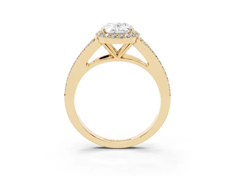 Oval Halo Engagement Ring Setting | V-Split Pavé Band | Yellow Gold