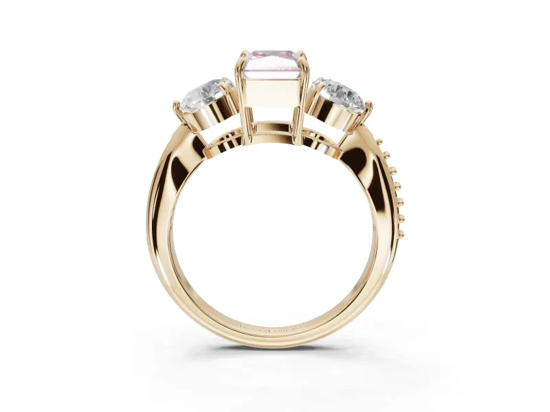 Radiant Cut Three Stone Engagement Ring Setting for a Fancy Pink Lab-Grown Diamond | Tapered Pave Band | Yellow Gold