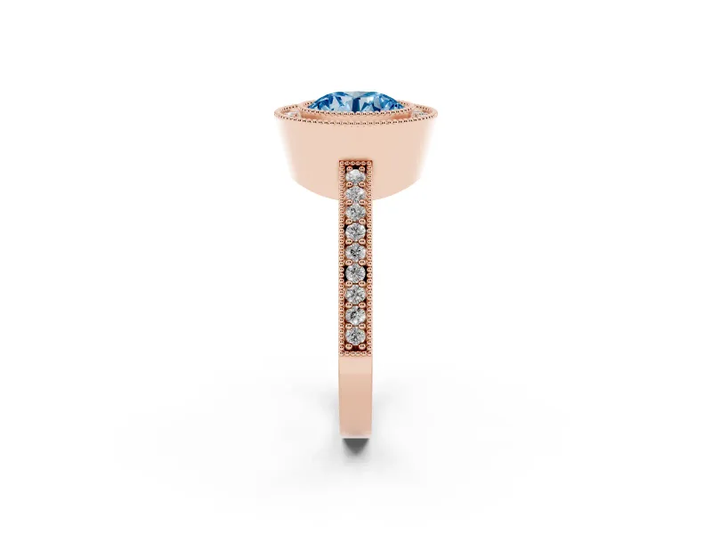Fancy Blue Round Cut Diamond Halo Engagement Ring Set in Rose gold with Pavé Band and Round Halo Stones
