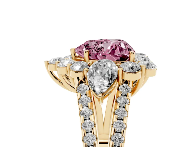 Fancy Pink Heart Cut Diamond Halo Split Shank Engagement Ring Set in Yellow gold with Prong-Held Center Stone