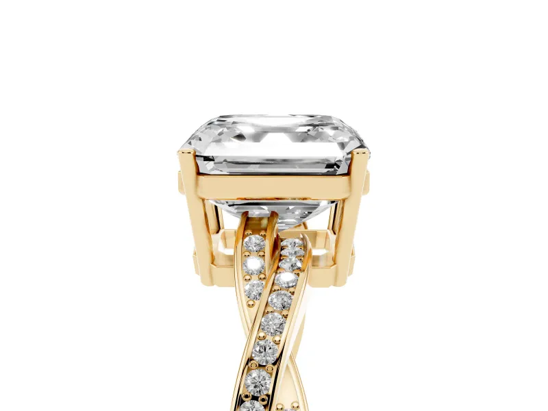 Asscher Cut Diamond Solitaire Twisted Pavé Ring Set in Yellow gold with Prong Setting