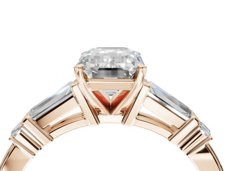 Emerald Cut Tapered Baguette Engagement Ring Setting | Bar Set Sides | Rose Gold