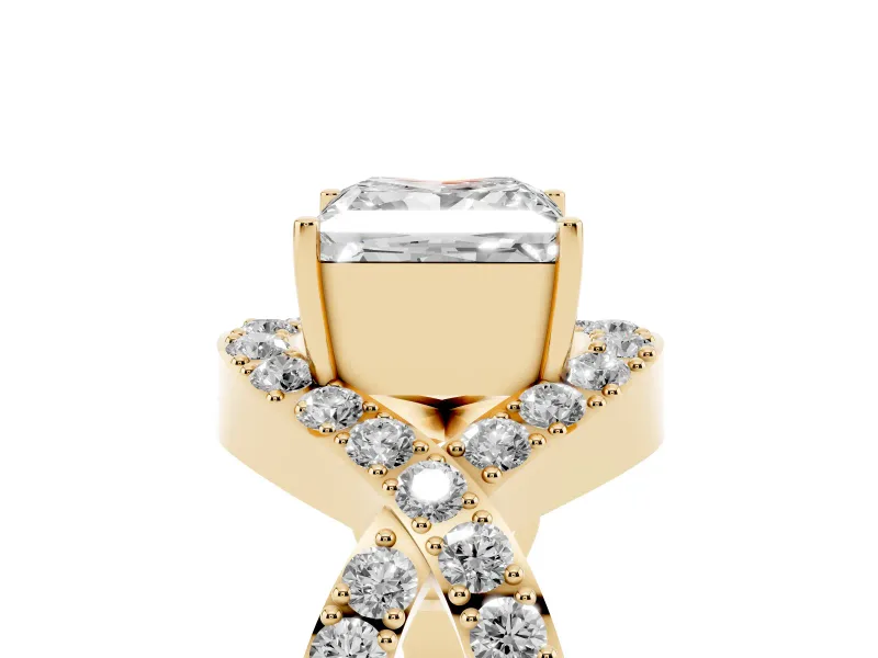 Princess Cut Diamond Solitaire Twist Band Pavé Engagement Ring Set in Yellow gold