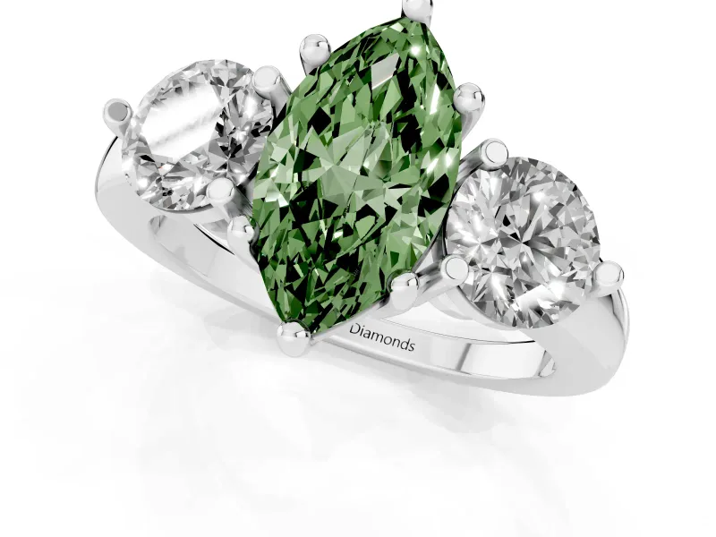 Fancy Green Marquise Cut Diamond Three-Stone Ring Set in White gold with Prong Setting and Classic Band