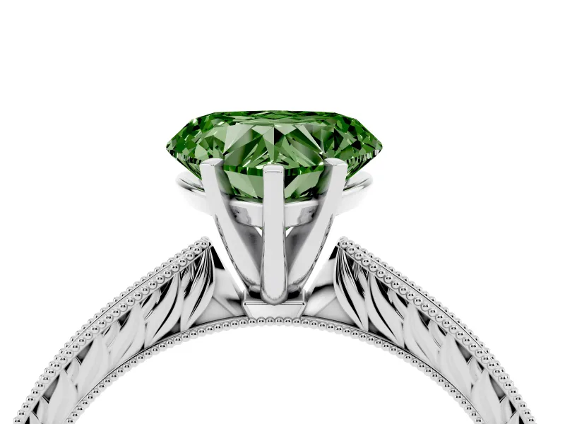 Fancy Green Heart Cut Diamond Solitaire Milgrain Engraved Band Set in Platinum with Prong Setting