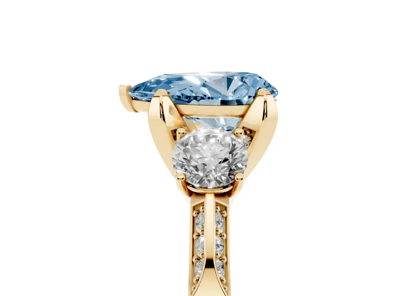 Pear-Shaped Hidden Halo Three Stone Engagement Ring Setting for a Fancy Blue Lab-Grown Diamond | Yellow Gold