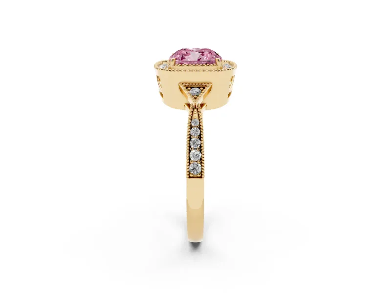 Cushion Cut Milgrain Halo Engagement Ring Setting for a Fancy Pink Lab-Grown Diamond | Graduated Pavé | Yellow Gold