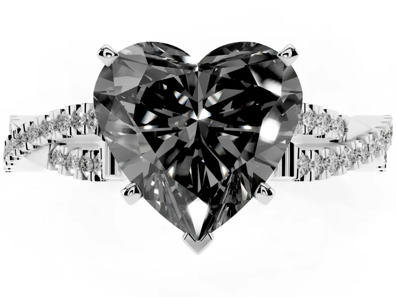 Fancy Black Heart Cut Diamond Solitaire Engagement Ring Set in Silver with Twisted Pavé Band and Prong Setting
