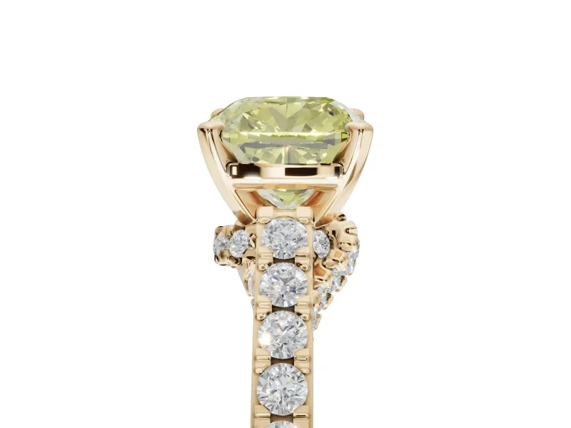 Cushion Cut Pavé Engagement Ring Setting for a Fancy Yellow Lab-Grown Diamond | Crossover Gallery | Yellow Gold
