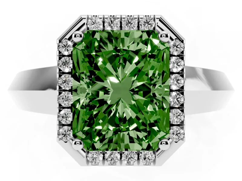 Fancy Green Radiant Cut Diamond Halo Ring Set in Platinum with Cathedral Band and Prong Setting