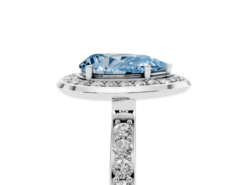 Fancy Blue Pear Cut Diamond Halo Ring Set in Platinum with Bezel Frame and Pavé Band