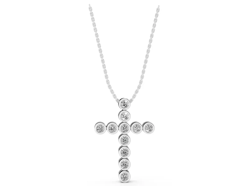 Round Lab-Grown Diamond Bezel Cross Pendant Necklace | Linked Round Bezels | White Gold