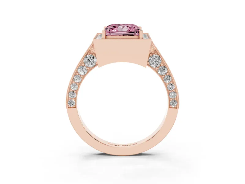 Princess Cut Milgrain Halo Engagement Ring Setting for a Fancy Pink Lab-Grown Diamond | Side Stones | Rose Gold