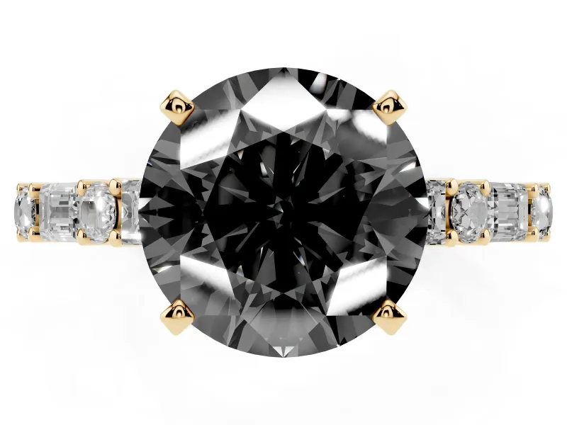 Round Baguette Side Stone Engagement Ring Setting for a Black Center | Yellow Gold