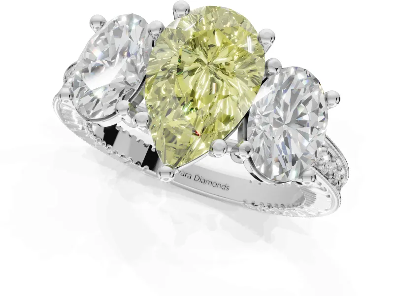 Pear-Shaped Vintage Three Stone Engagement Ring Setting for a Fancy Yellow Lab-Grown Diamond | White Gold