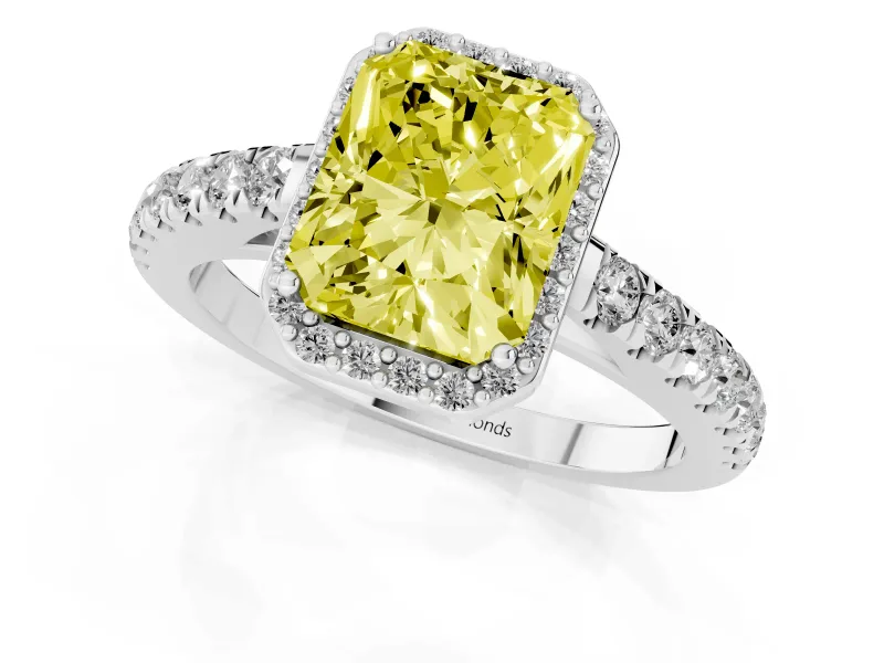 Fancy Yellow Radiant Cut Diamond Halo Engagement Ring Set in Platinum with Pavé Band and Prong Setting