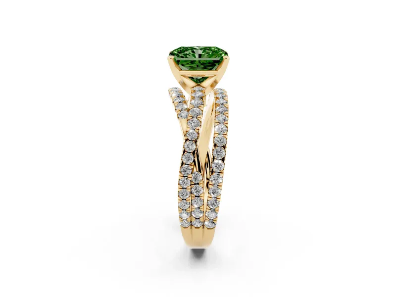 Fancy Green Radiant Cut Diamond Solitaire Twist Band Ring Set in Yellow gold with Pavé Setting and Prong Head