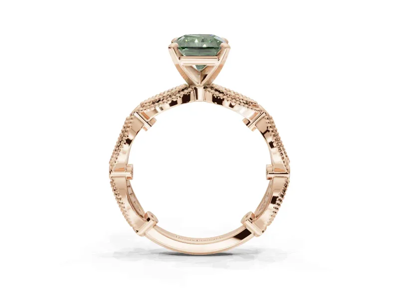 Radiant Cut Vintage Engagement Ring Setting for a Fancy Green Lab-Grown Diamond | Graduated Stations | Rose Gold
