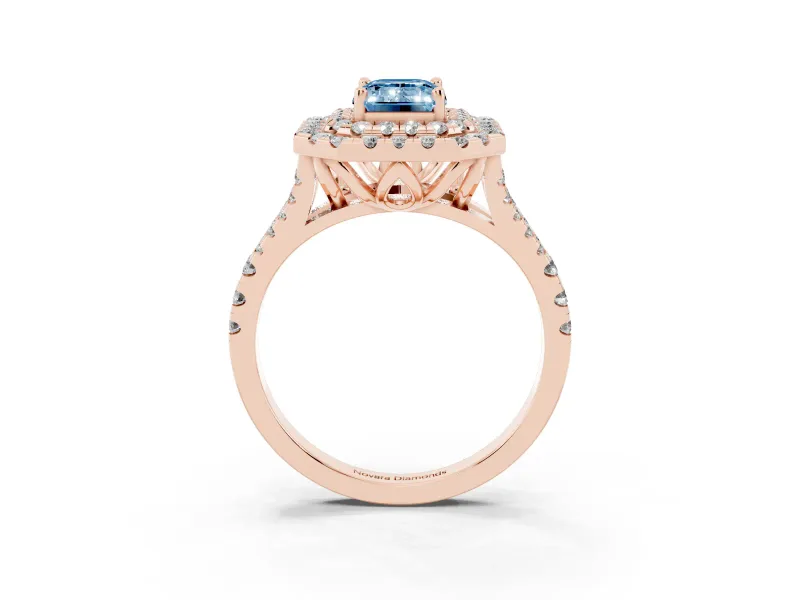 Emerald Cut Halo Split Shank Engagement Ring Setting for a Fancy Blue Lab-Grown Diamond | Pavé Strands | Rose Gold