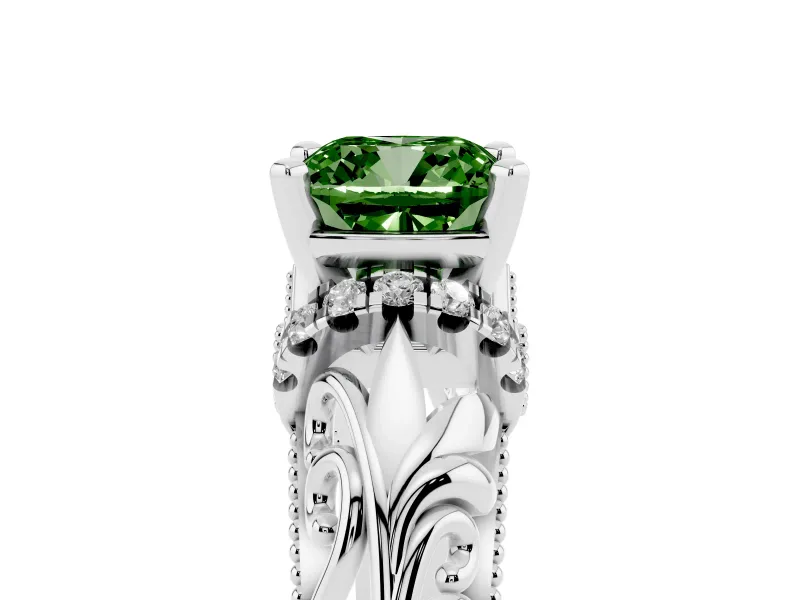 Fancy Green Cushion Cut Diamond Filigree Halo Engagement Ring Set in Platinum with Prong Setting