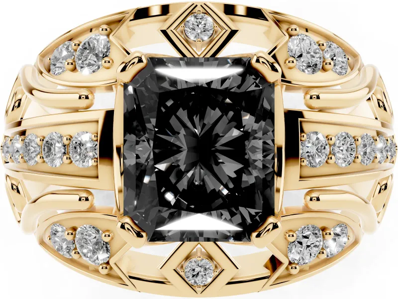 Radiant Cut Art Deco Graduated Engagement Ring Setting for a Black Center | Yellow Gold