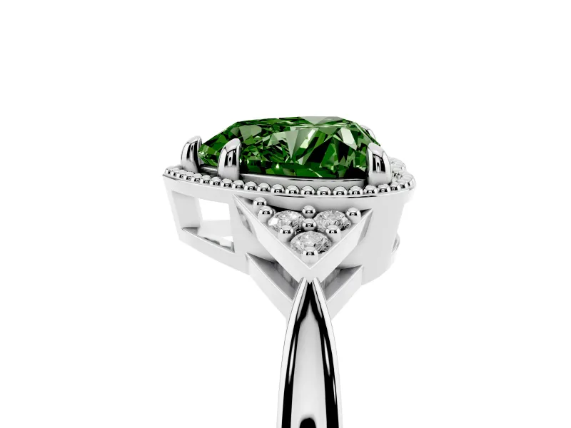 Fancy Green Heart Cut Diamond Milgrain Solitaire Ring Set in White gold with Tapered Pavé Band and Prong Setting