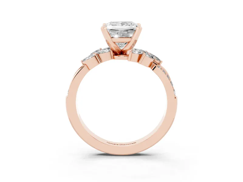 Princess Cut Floral Engagement Ring Setting | Marquise Side Stones | Rose Gold