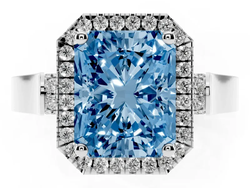 Radiant Cut Halo Engagement Ring Setting for a Fancy Blue Lab-Grown Diamond | Pavé Panel Shoulders | Sterling Silver
