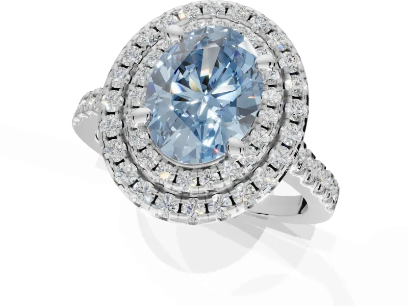 Fancy Blue Oval Lab-Grown Diamond Double Halo Statement Ring Set in White Gold with Pavé Band