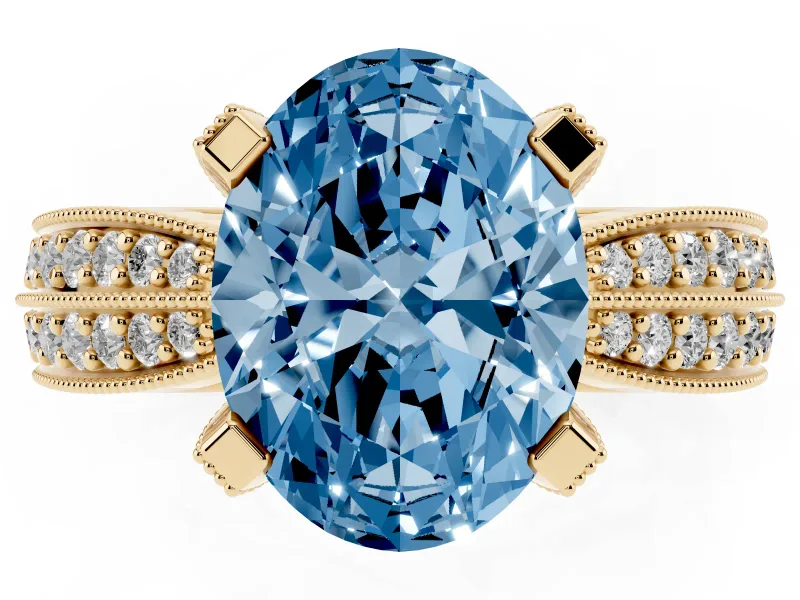 Fancy Blue Oval Cut Diamond Solitaire Ring Set in Yellow gold with Milgrain Double Row Round Pavé Band
