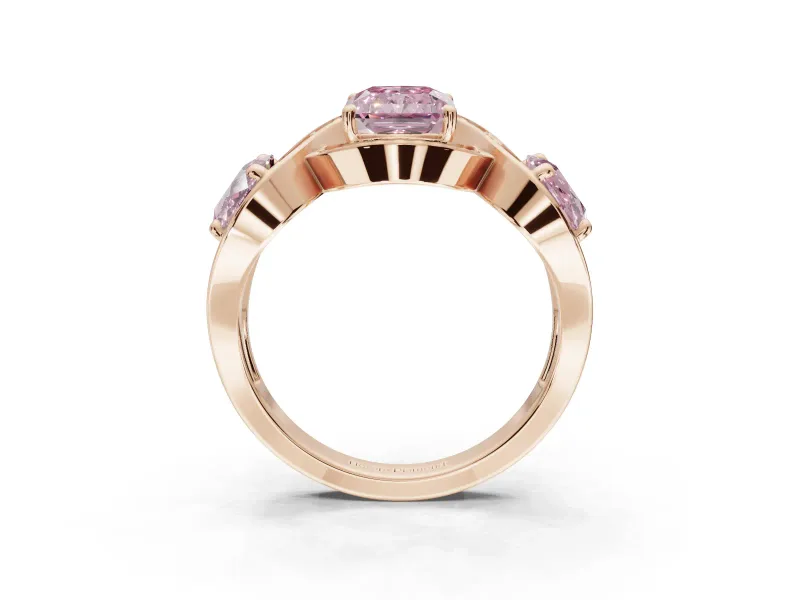 Radiant Cut Three Stone Halo Engagement Ring Setting for a Fancy Pink Lab-Grown Diamond | Pavé Wave Band | Rose Gold