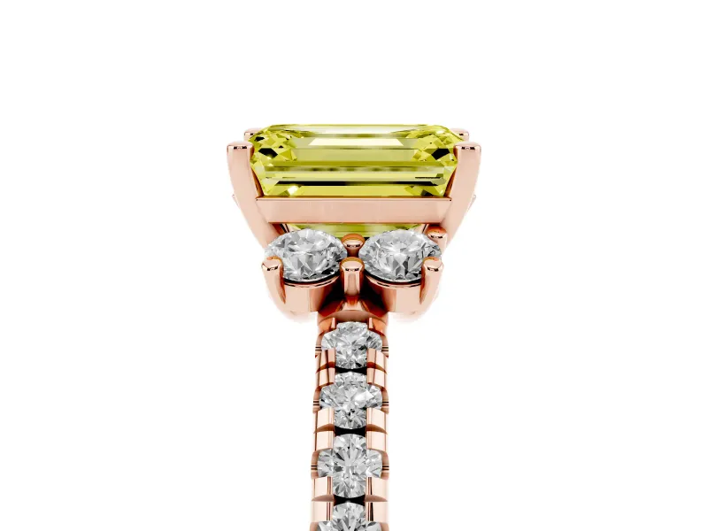 Emerald Cut Side Stone Engagement Ring Setting for a Fancy Yellow Lab-Grown Diamond | Pave Band | Rose Gold