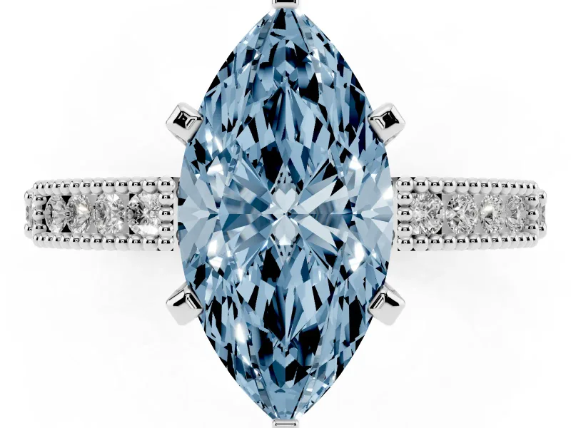 Fancy Blue Marquise Cut Diamond Solitaire Ring Set in Silver with Slim Pavé Band and Prong Setting