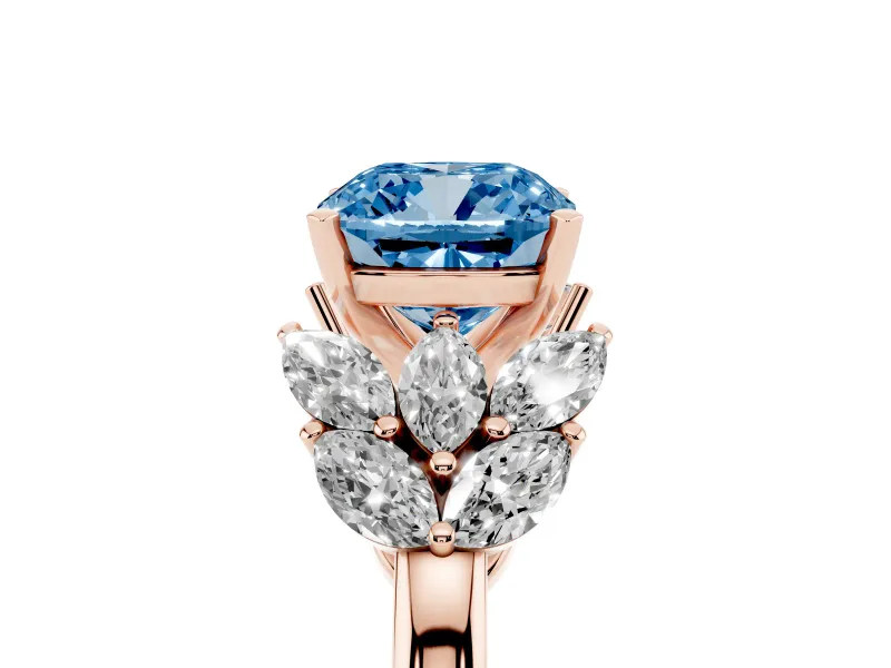 Fancy Blue Cushion Cut Diamond Cluster Leaf Design Ring Set in Rose gold with Prong Setting