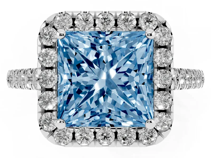 Princess Cut Halo Engagement Ring Setting for a Fancy Blue Lab-Grown Diamond | Pave Shoulders | Sterling Silver