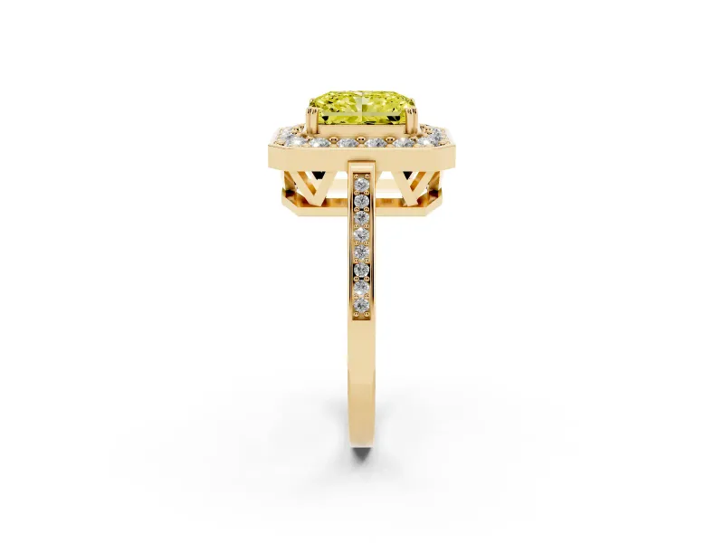 Radiant Cut Halo Engagement Ring Setting for a Fancy Yellow Lab-Grown Diamond | Polished Halo Rim | Yellow Gold