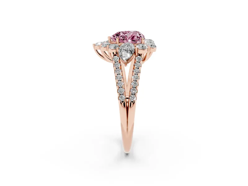 Fancy Pink Heart Cut Diamond Halo Split Shank Engagement Ring Set in Rose gold with Prong-Held Center Stone