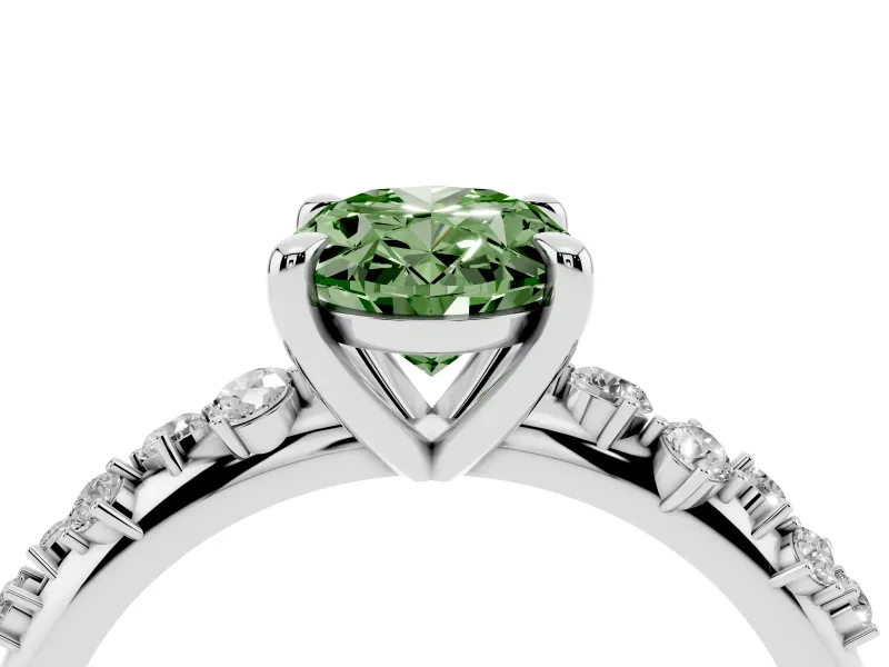 Fancy Green Oval Cut Diamond Solitaire Vine Band Ring Set in White gold with Round Accents and Prong Setting