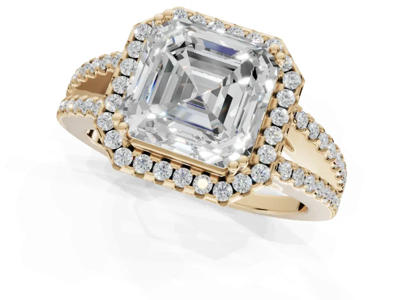 Asscher Cut Halo Split Shank Engagement Ring Setting | Pavé Shoulders | Yellow Gold