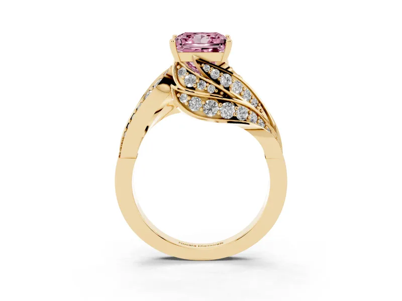 Fancy Pink Princess Cut Diamond Solitaire Ring Set in Yellow gold with Layered Twist Pavé Band