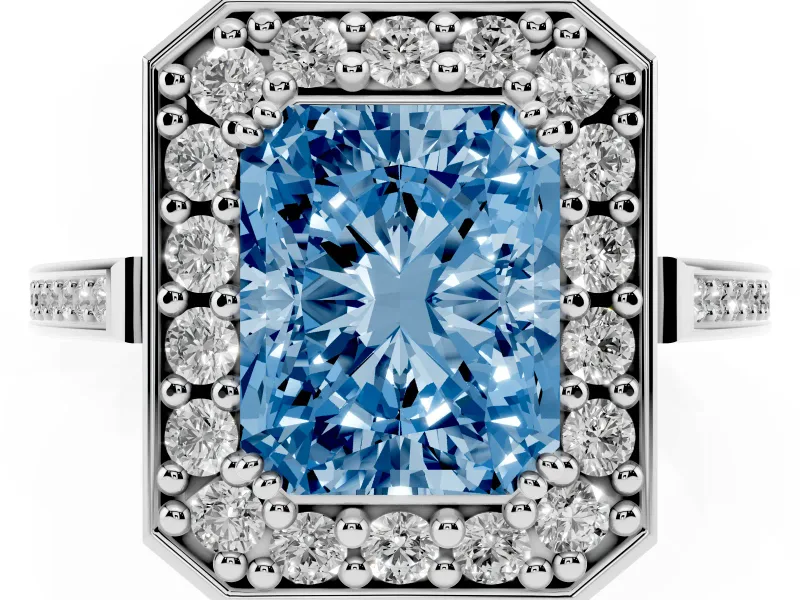 Radiant Cut Halo Engagement Ring Setting for a Fancy Blue Lab-Grown Diamond | Polished Halo Rim | White Gold