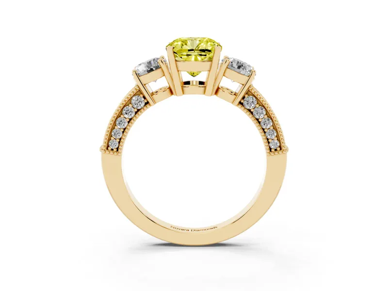 Fancy Yellow Cushion Cut Diamond Three-Stone Ring Set in Yellow gold with Round Side Stones and Pavé Band