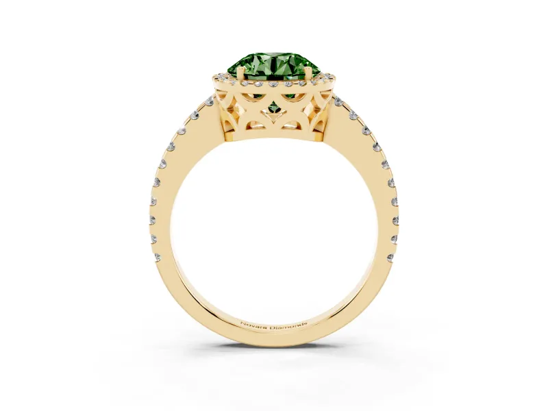 Round Pave Halo Engagement Ring Setting for a Fancy Green Lab-Grown Diamond | Yellow Gold