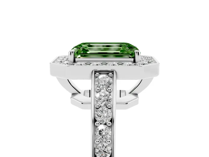 Fancy Green Emerald Cut Diamond Halo Pavé Engagement Ring Set in White gold with Bezel Setting