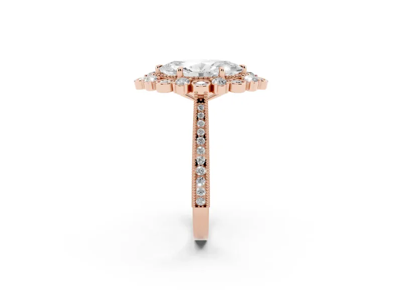Marquise Vintage Scalloped Halo Engagement Ring Setting | Milgrain Pavé Band | Rose Gold
