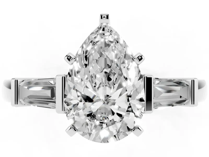 Pear Cut Diamond Solitaire Ring Set in Platinum with Tapered Baguette Accents and Prong Setting