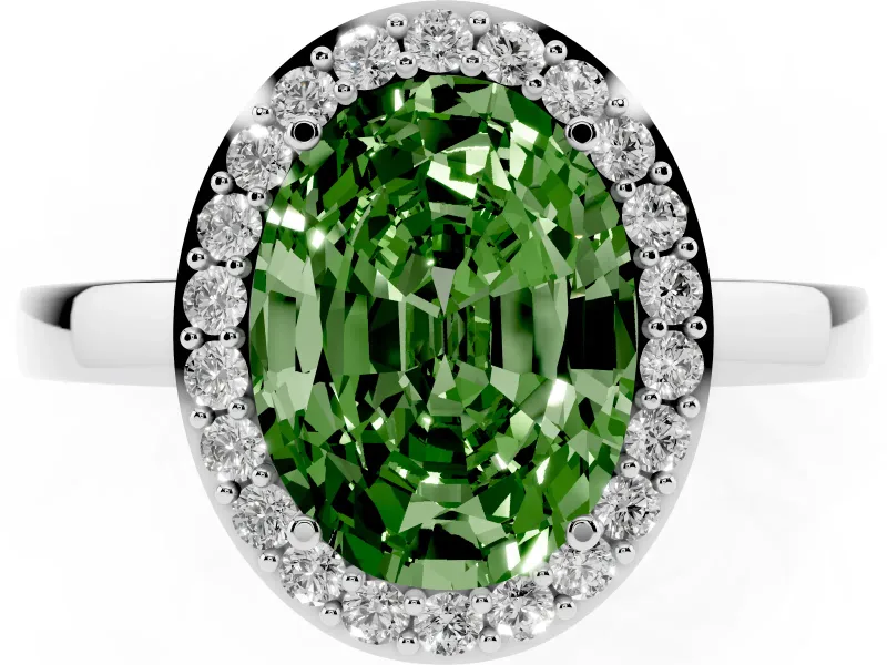 Fancy Green Oval Cut Diamond Halo Ring Set in White gold with Solitaire Band and Prong Setting