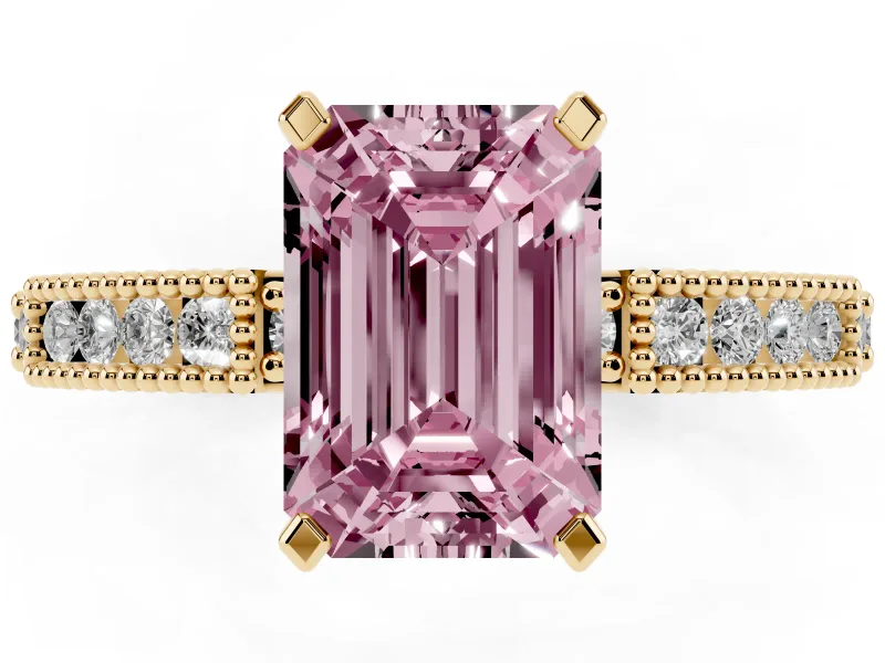 Emerald Cut Vintage Pavé Engagement Ring Setting for a Fancy Pink Lab-Grown Diamond | Yellow Gold