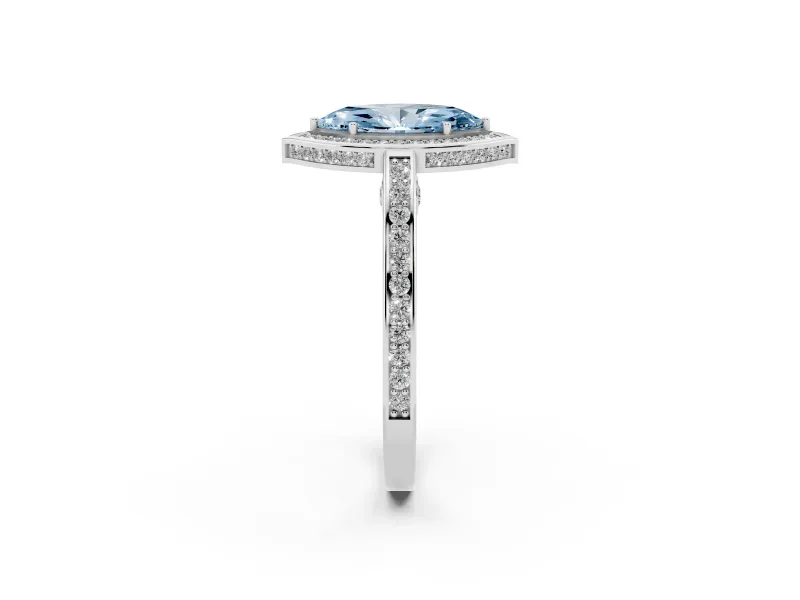 Fancy Blue Marquise Cut Diamond Halo Pavé Split Shank Ring Set in White gold with Prong Setting