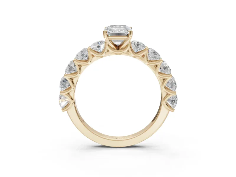Emerald Cut Side Stone Engagement Ring Setting | Scalloped Prong Accents | Yellow Gold